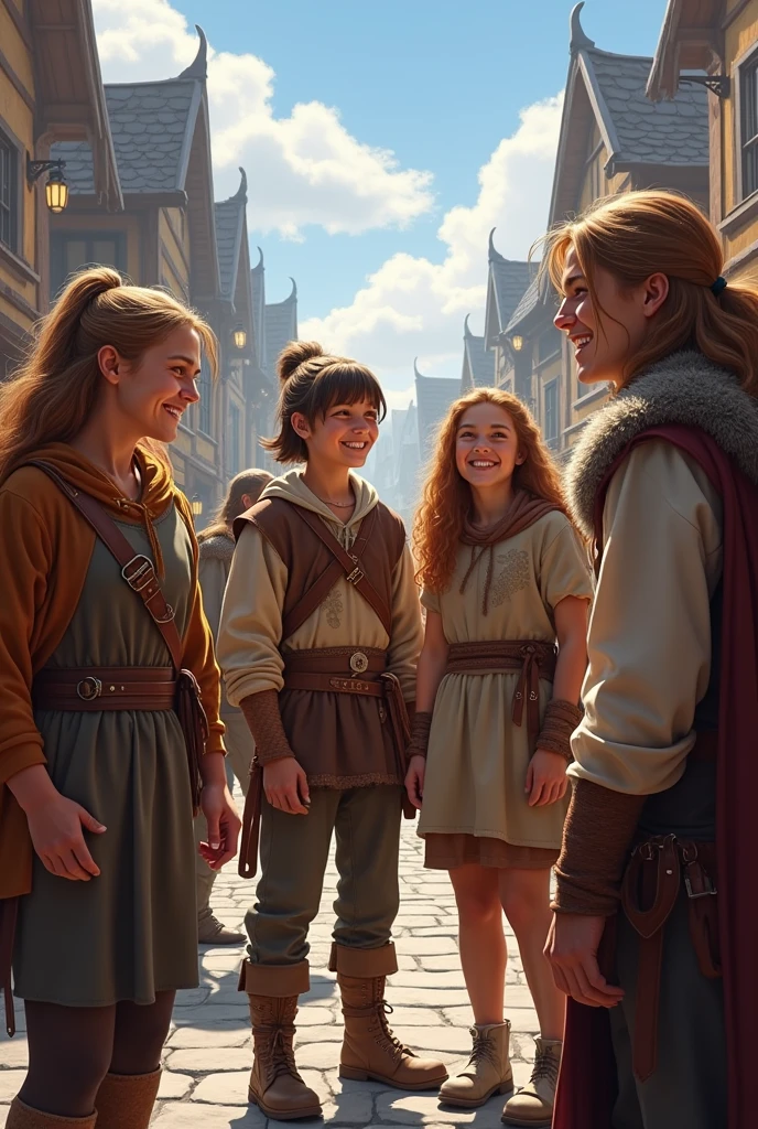 Young teenagers laughing while talking they are in the city in a square in the Viking era 