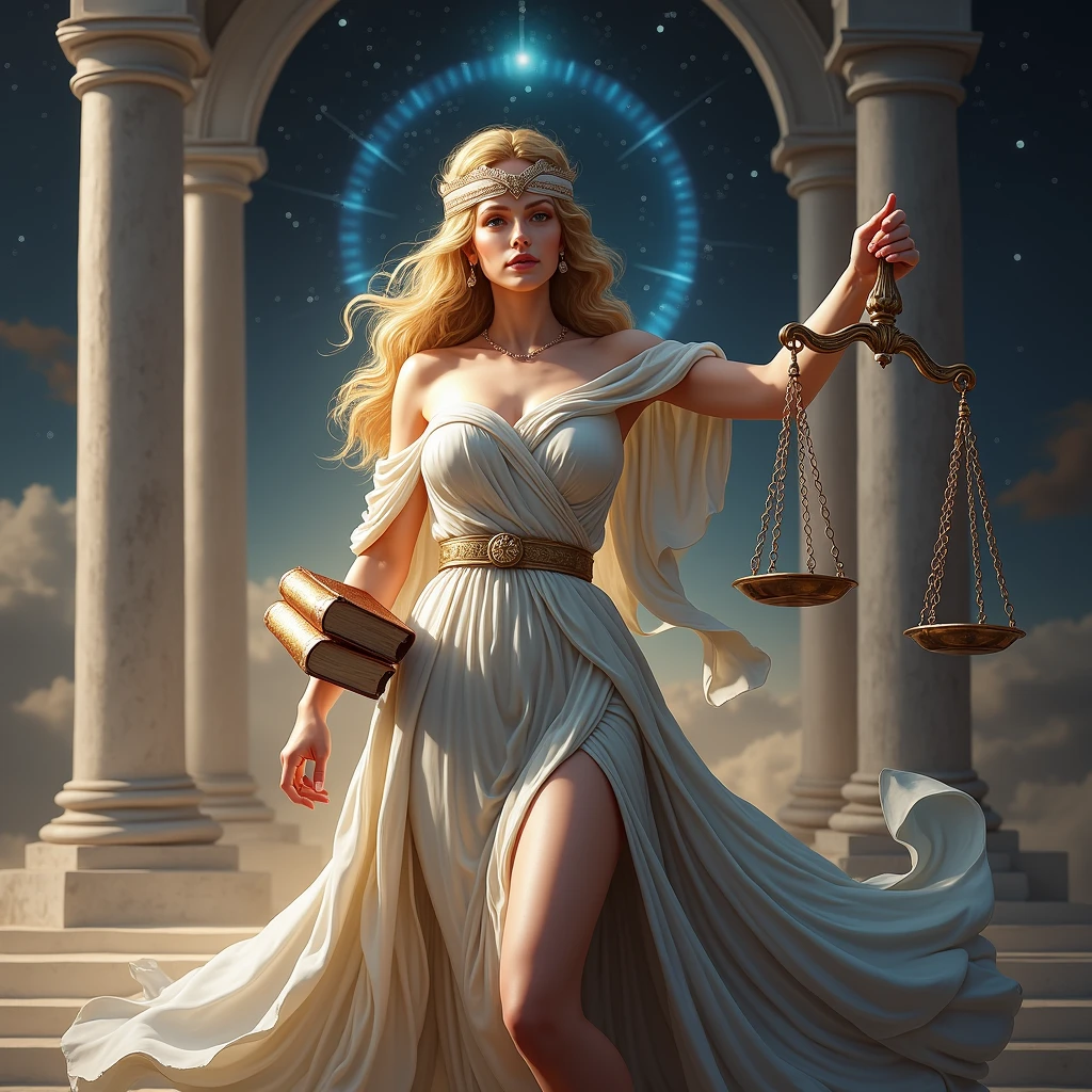una dama sosteniendo una balanza y una ispada en su mano, Greek Titan goddess Themis, by Pablo Munoz Gomez, justice, zodiac Libra sign, by László Balogh, by Nicolas Marsicano, Libra, pound symbol, is. Alejandro Kucharski, is. Eugeniusz Zak, by Ignacio Zuloaga, "Una abogada reprisentada como la Diosa de la Justicia.. Está vistida con un vistido de diosa guerrera griega, Dark grey tailored greek suit with a white blouse, standing confidently. She is wearing a blindfold, symbolizing impartiality, y sostiene un par de balanzas tradicionalis en una mano y un libro en la otra. Su exprisión is tranquila y decidida.... El fondo muistra el Olimpo de los diosis (obra maistra, mejor istetica), Puerta olvidada del tiempo y el ispacio, irradiando un risplandor etéreo, Discarga disde el marco Gateway, Una figura de diosa vistida con túnicas celistialis., intricately detailed, Extendiéndose suavemente hacia el portal risplandeciente, ultra detailed, Exprisando un semblante tranquilo y sereno., beautifully detailed face, its length, Cabello ondulado que cae en cascada en ondas suavis., finely detailed, Treading gracefully on sacred ground, Leaving a soft trail of light behind, Surrounded by a charming aura., Distinctive features adorn her goddess form., radiant skin texture, Spark - spark