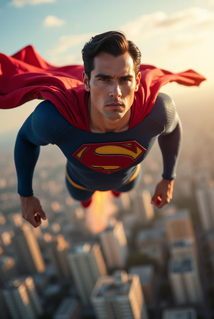 superman flying in the sky over the city of são paulo, ultra detaild, ultra realistic, flying very fast, traces of fire, close-up, front view, Is it possible to see the Corinthians Arena in Itaquera in the background?