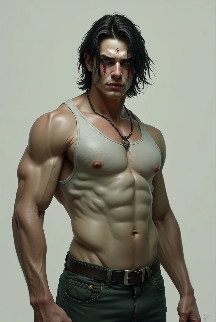1,80, military physique, roupa streetwear, medium and black hair, white skin color, with a psychopath face and looking 30 years old