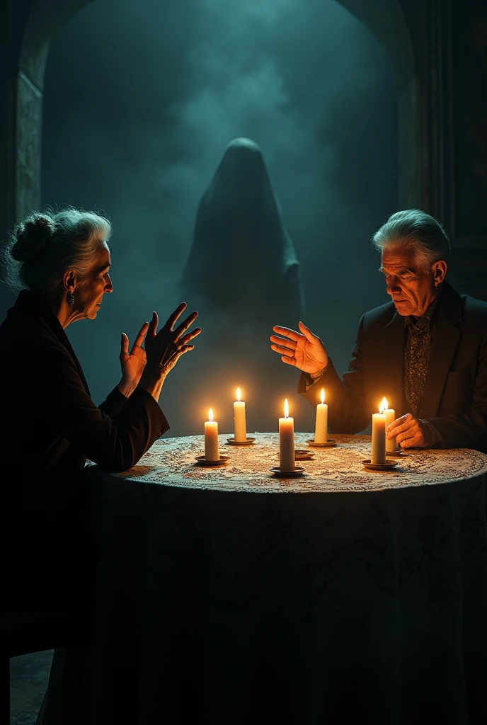 A dark and mysterious room, lit only by candles arranged in a circle. At the center, a round table covered with an embroidered tablecloth. Dona Clarice, an elderly but elegant woman, visibly worried, is sitting in front of the medium, a middle-aged man with a concentrated expression and closed eyes. The medium&#39;s hands are raised, capturing a spiritual presence, while a light mist seems to envelop the scene, giving a supernatural air to the environment.