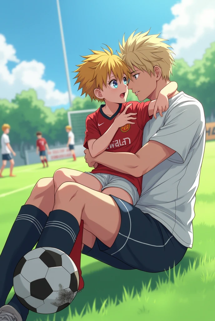 Anime boy shota soccer player falls on top of another and gets on his lap