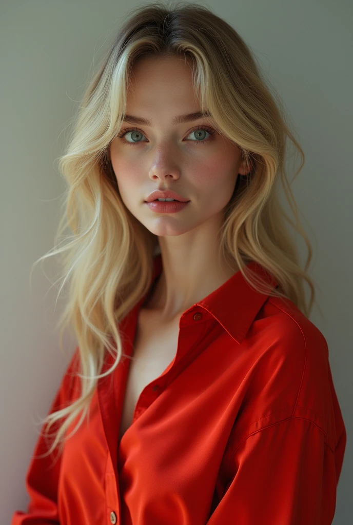 Girl with blonde hair curtain bangs and red shirt
