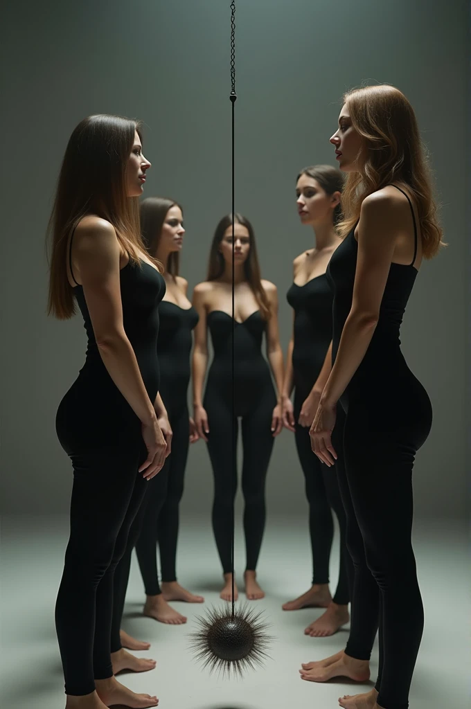 the sexy girls are hypnotized, black leggings, tank tops, pendulum in the middle of them, they are mindless