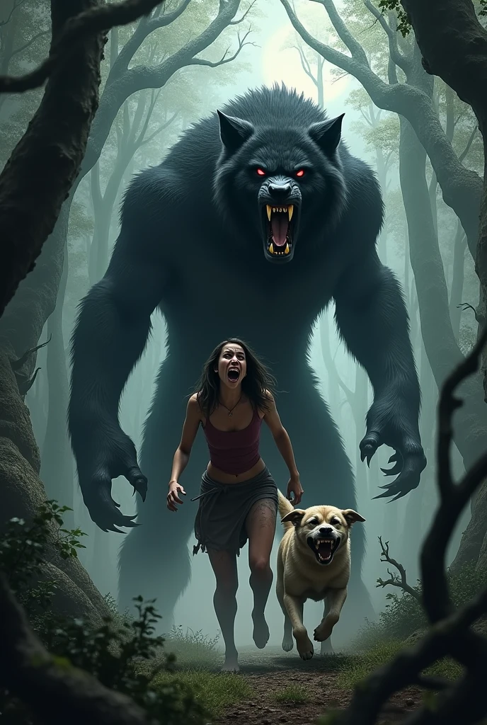 Large werewolf with black fur attacking a woman and a dog in a forest 