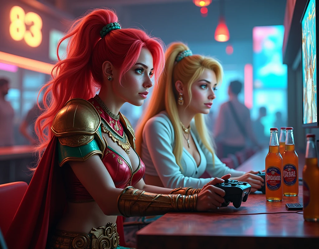 (photorealism:1.2), Generate an image of two young women with big bust sitting in a modern, relaxed bar with futuristic decor. The first woman has bright red hair and green eyes, wearing a light red armor with golden and emerald details. She exudes energy and determination, with a light cape flowing behind her. The second woman has long blonde hair and golden eyes, dressed in a white and gold outfit with turquoise accents, appearing strong and elegant, also with a light cape. Both are focused on playing a video game on a large screen in front of them, each holding a controller with expressions of excitement and competitiveness. There are bottle of beer on the table, with a soft drink near each of them. The bar is softly lit with neon lights, giving it a technological vibe
