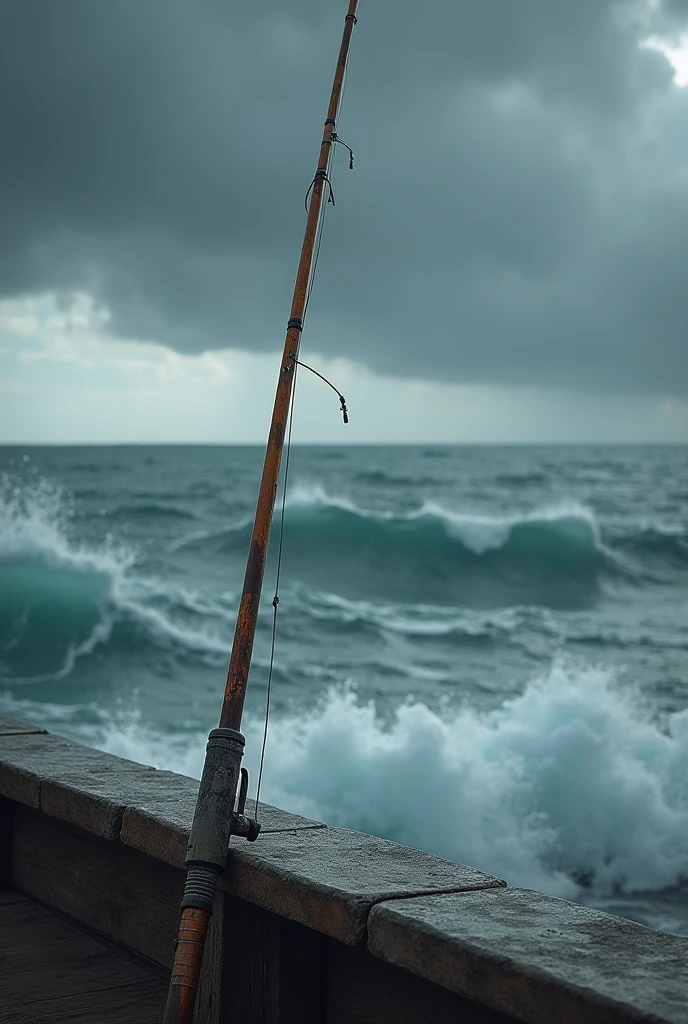 Fishing rod and a turbulent sea in the background
