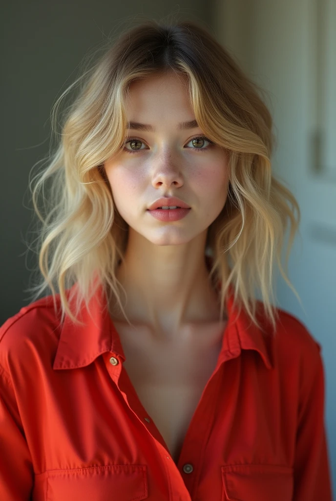 Girl with blonde hair curtain bangs and red shirt