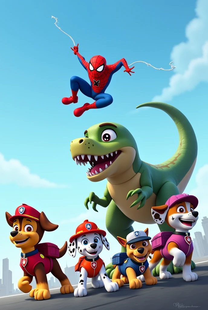 Paw Patrol Wallpaper, Spider man, dinosaur, light blue