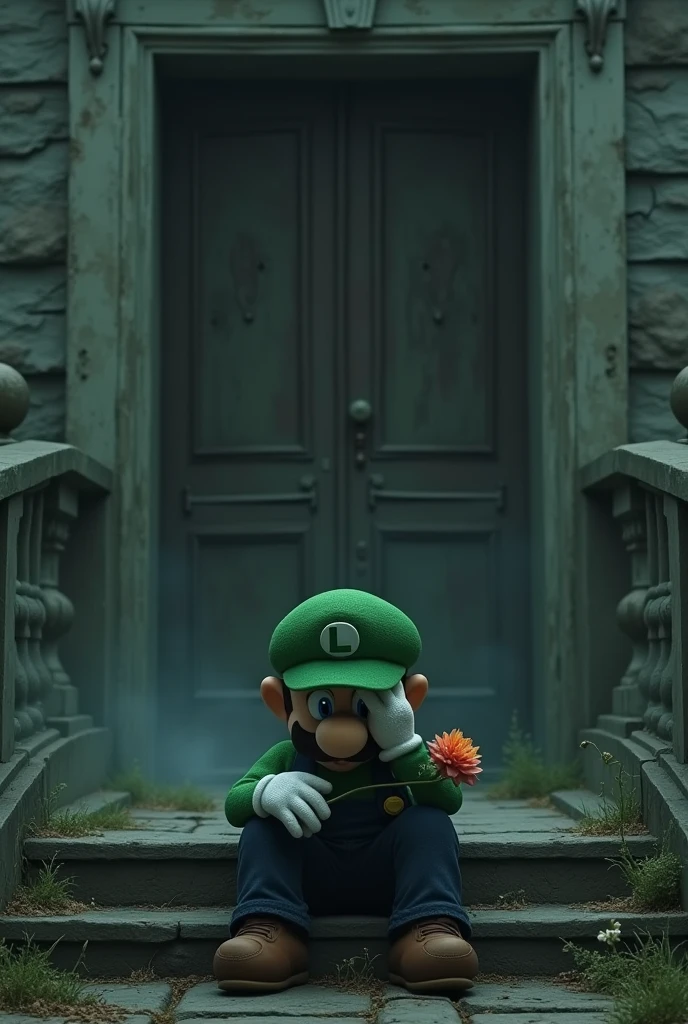 Luigi sad, depressed and pale with a flower in his hand, sitting outside the door of a dark, haunted mansion