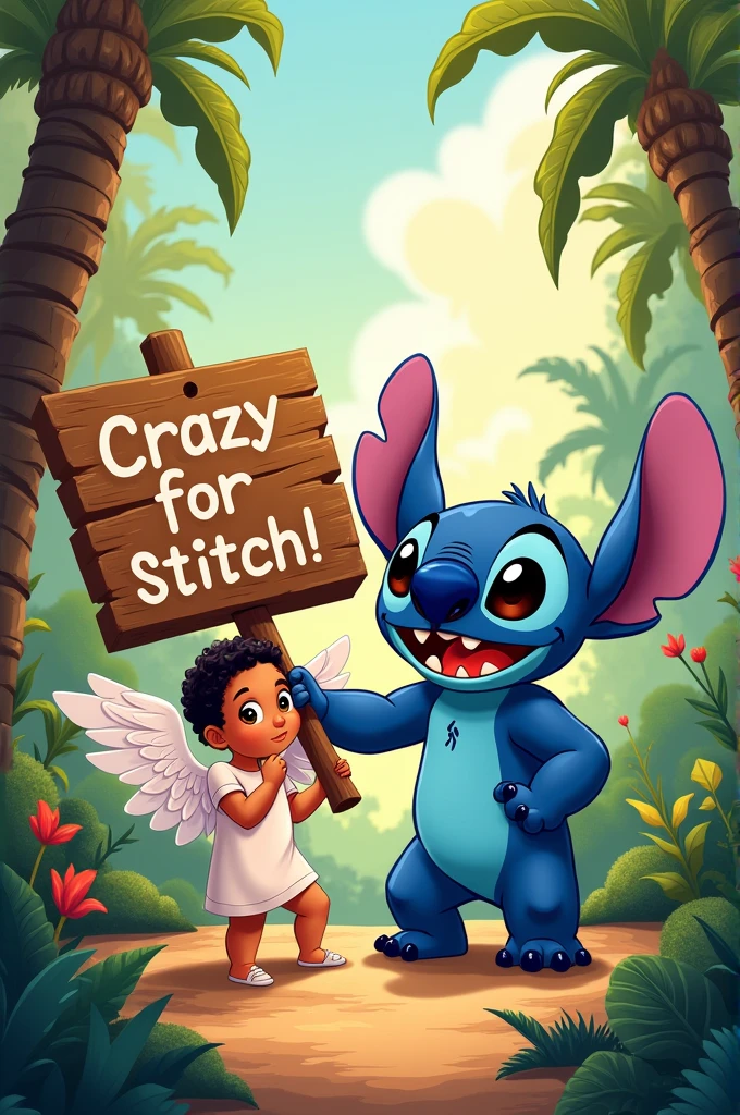 Stitch with Angel carrying a sign that says Crazy for Stitch Latin America.