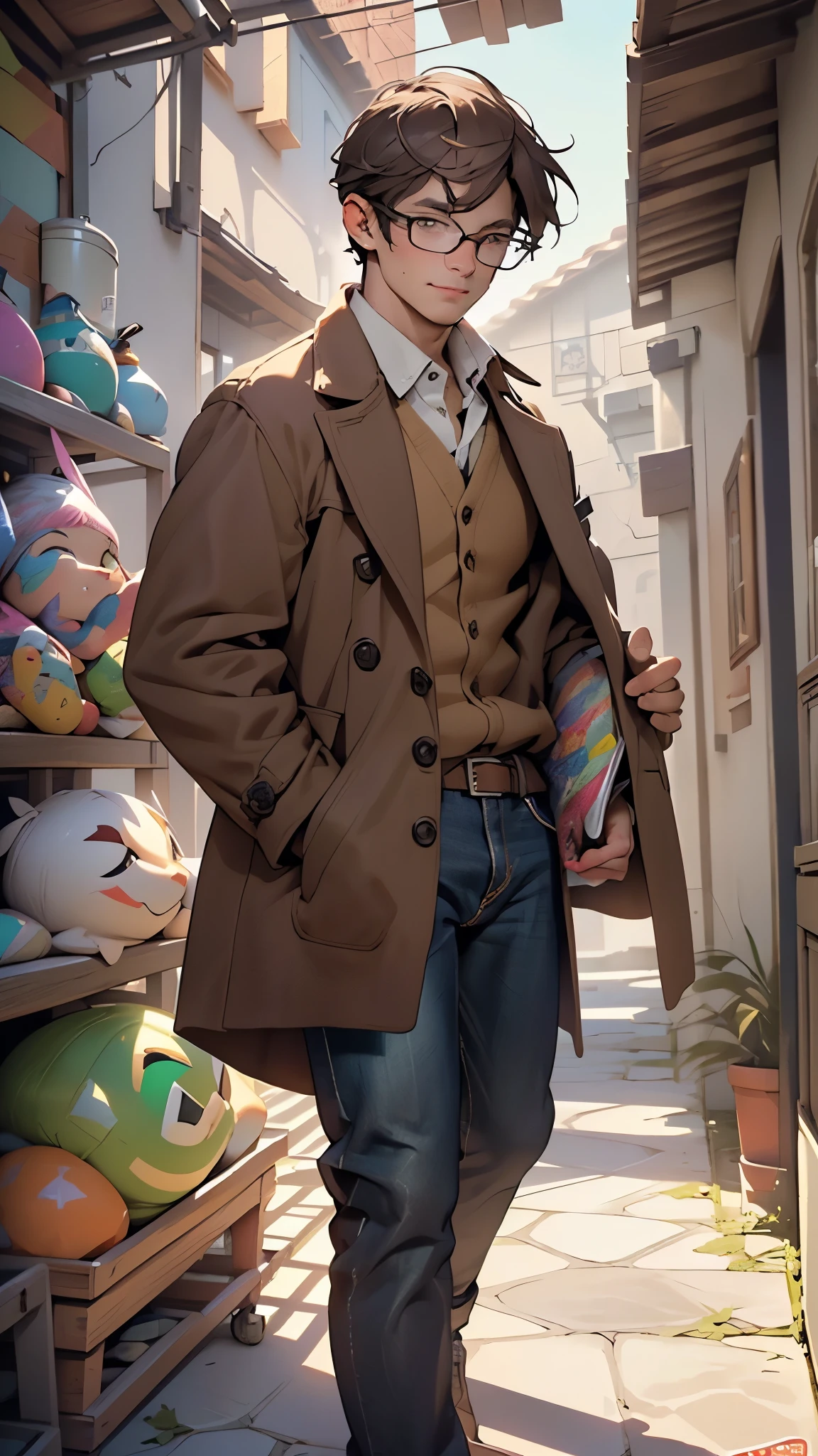 male, muscle, 1boy, muscular, 2 man,young,1 man,(((1male,1 male, 1man, 1 man,man:1.5,male,male gender:1.5,handsome man,male focus,))),stubble,detailed face,(short hair,brown hair,nice hair style,),(((brown_eyes:1.3))),intricate eyes, detailed eyes,symmetrical eyes, ((detailed face)),    

 nerd,((glasses)),(open coat, european fashion,coat, jeans,white shirt,  masculine features, modern style,mexican clothes),(((brown coat, brown coat outfit, wearing a brown coat:1.3,mexican brown coat))),((bulge in pants)),((intricate outfit,intricate clothes)),

(dynamic pose:1.0),smile,(centered,scale to fit dimensions,Rule of thirds),

inside,indoor,((mexican house with piñata,piñatas in the background:1.3)),scenery:1.25,((intricate scenery)),((mexican decorations)),

(Glossy mexican ornaments),highres,sharp focus,(ultra detailed,extremely detailed),(photorealistic artwork:1.37),(extremely detailed CG unity 8k wallpaper),(((vibrant colors,vibrant theme))),(intricate),(masterpiece),(best quality),artistic photography,(photography taken by sldr),(intricate background),perfect rendered face,perfect face details,realistic face,photo realistic,((intricate detail)),(((realism))),
