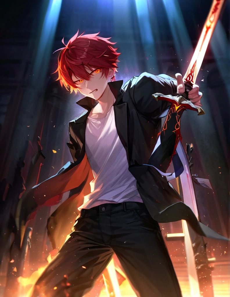 1boy, solo, redhead, Shirou Emiya, fate stay night, black pants, white shirt, black jacket, casual look, surrounded by swords, (best quality,4k,8k,highres,masterpiece:1.2),ultra-detailed ,intricate details,sharp focus,studio lighting,vibrant colors,dramatic lighting,cinematic composition