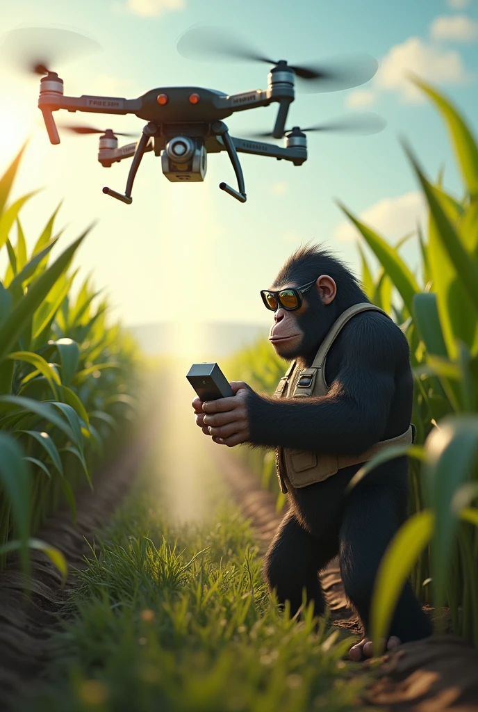 Ape piloting agricultural drone that applies chemicals to sugar cane