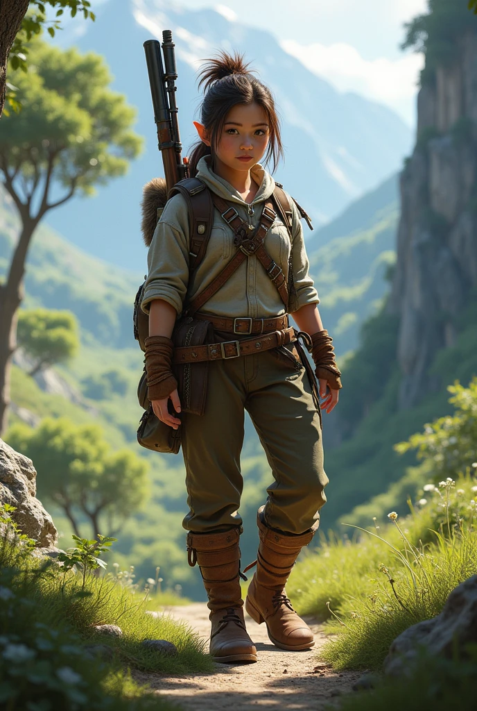 Realistic female halfling character with a snipe weapon on her back RPG