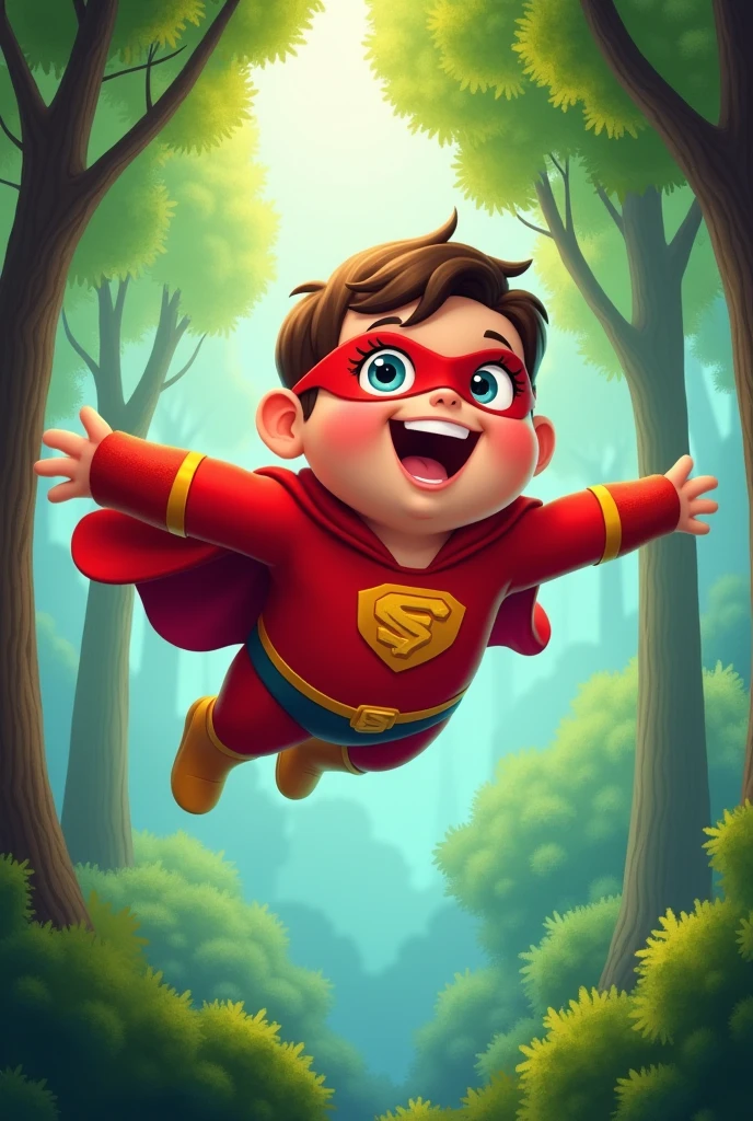 Draw me a picture , chubby boy patman flying over the trees