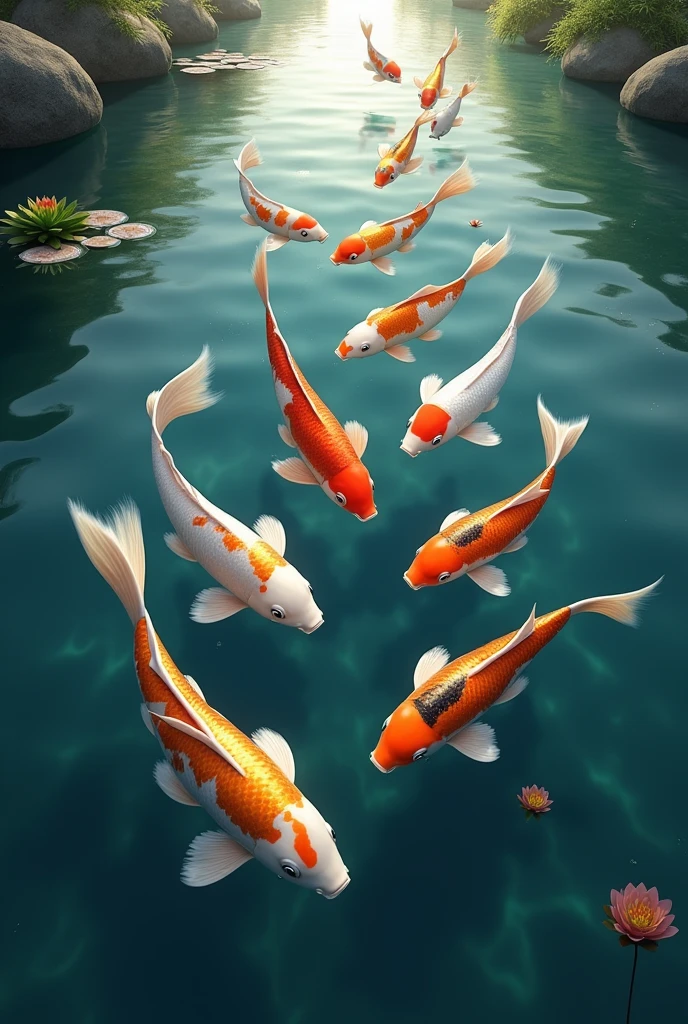 Generate an image of koi fish swimming up