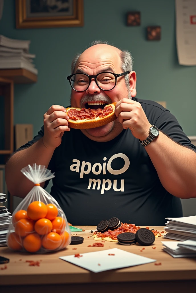 white male, aged 50, baldie, SMOOTH FACE, wearing glasses, cheeky, Scrawny, but very pot-bellied. Eating a baguette with lots of ham. Sitting behind a very messy desk, with computer, stacks of papers, crumbs and lots of Oreo cookies. Wearing a black shirt with the phrase: APOI0 MPU. A bag full of tangerines on the table.