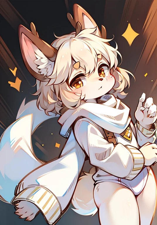 Lop-eared white fox,Brown antlers,Brown pupils,Short wavy curls,shaggy,White scarf,Furry,chiquita,White pattern,The white
