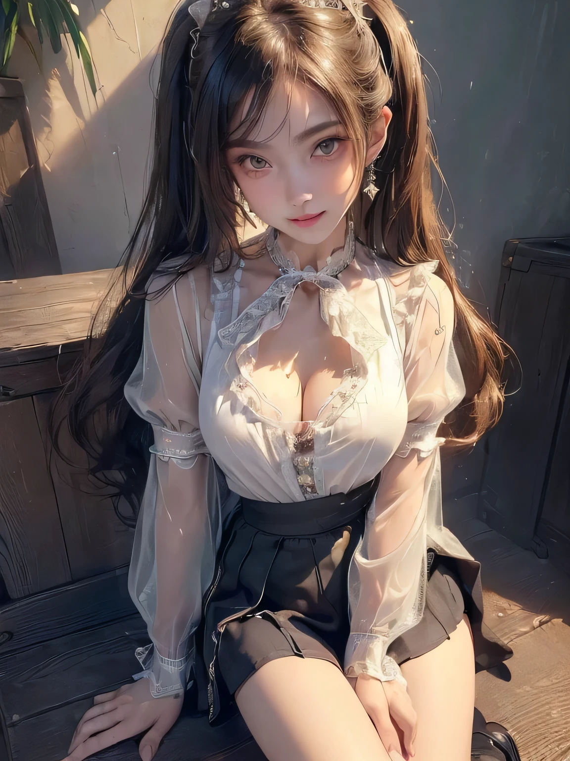 ((((Highest quality, High resolution)))), Extremely detailed 8K, Beautiful girl with slim body, (Ultra HD, Very detailed, Very detailed, Very realistic, Ultra-realistic, Photo Real), (One girl:1.5), Long Hair、Twin tails、Brown eyes, (Medium Breast: 1.2), (Beautifully detailed face, Beautiful attention to detail), (Sheer blouse:1.4),(Cleavage)、(Light of the sun, sunlight),(slender:1.5),(Light clothing:1.6),(Open chest)、(Idol face:1.7),(Beautiful eyes)、(Beautiful face)、(Toned body:1.5),(masterpiece:1.8),Blushing、Beautiful Skin、Moist eyes、Embarrassed expression、Baby Face、smile、(Slim and beautiful legs:1.4),(mini skirt:1.4),(Panty shot:1.4),(squat)、