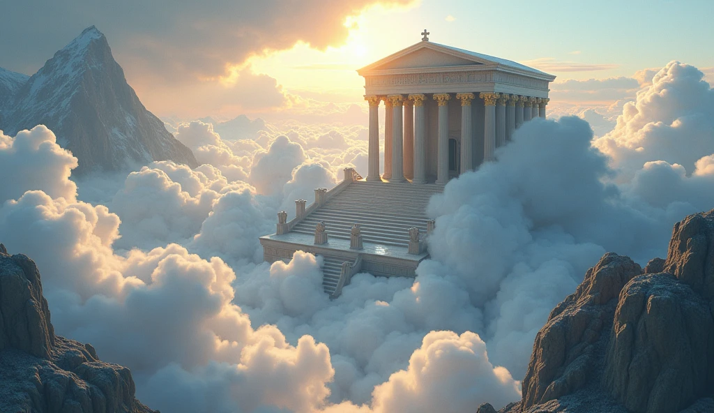 background of the temple of Olympus between the clouds above the mountain with the god Adonis