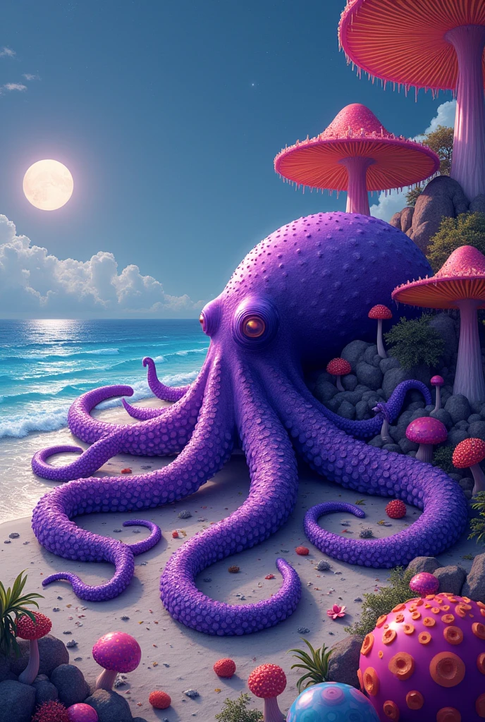 purple radioactive psychedelic octopus from a hallucination lying sleeping sprawled on the edge of the sea water paradise beach full of hallucinogenic mushrooms on a calm day colored with sun