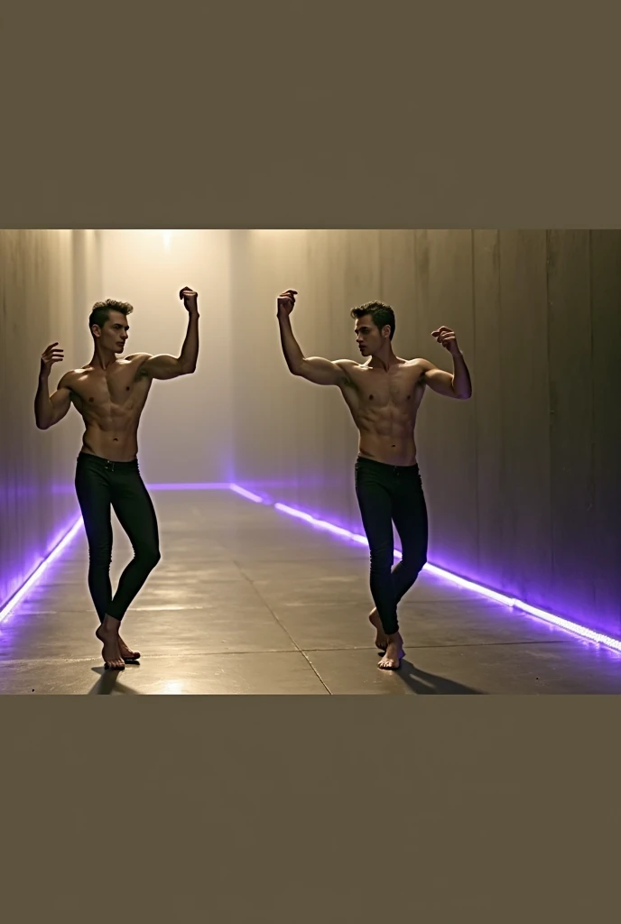 Two handsome men with beautiful faces, slim, shirtless, wearing black pants, dancing, raising their hands