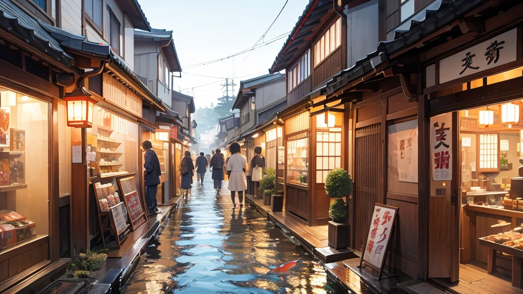A bustling Japanese street, full of traditional shops and vibrant signs. The street is crowded with a variety of intricate objects and details., creating a rich and immersive environment. The atmosphere is dreamlike, with pastel colored clouds floating in the sky. Koi fish swim gracefully through the air, Birds flutter and cats roam the scene. People wear traditional Japanese clothing, like kimonos and yukatas, which adds a touch of cultural authenticity. The whole scene is bathed in soft pastel tones, enhancing its surreal and charming quality.