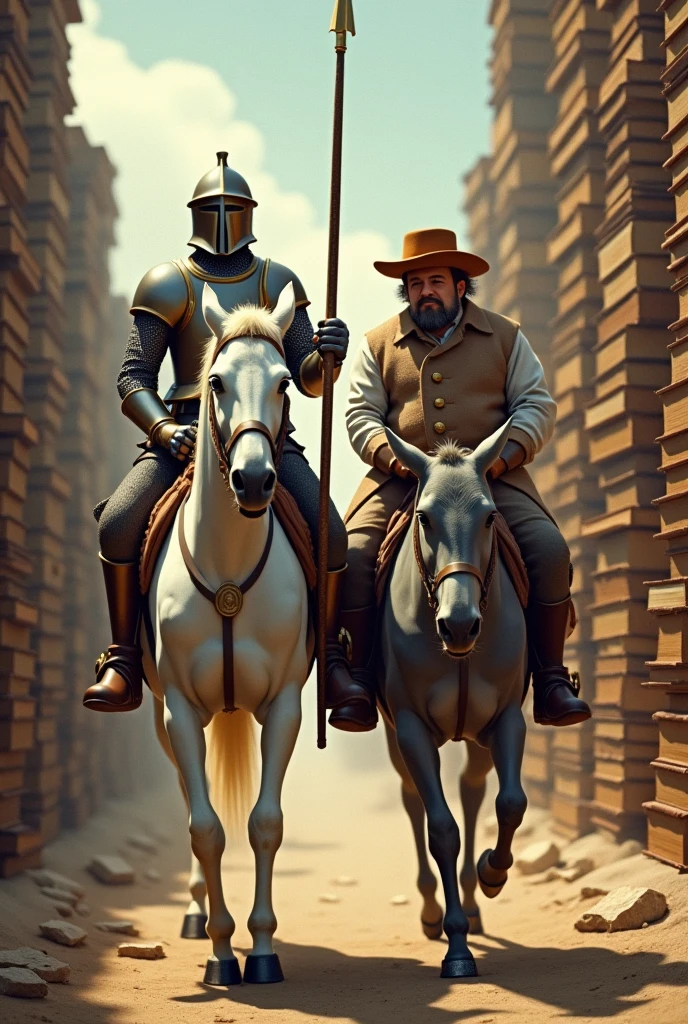 Don Quixote of La Mancha on his white horse with a Spanish helmet and a lance and Sancho Panza with his hat on his grey mule among books walking backwards towards the horizon