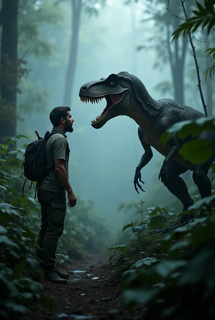 (photorealism:1.2), dim lighting, Dense fog shrouds prehistoric rainforest. A terrified explorer ventures into the dense vegetation, his breathing labored. suddenly, A Velociraptor emerges from the shadows, His fierce gaze fixed on the prey. The tension is palpable. Explorer freezes, knowing that one wrong move will mean the end. The camera zooms in, capturing the fear in his eyes, as the raptor prepares to attack