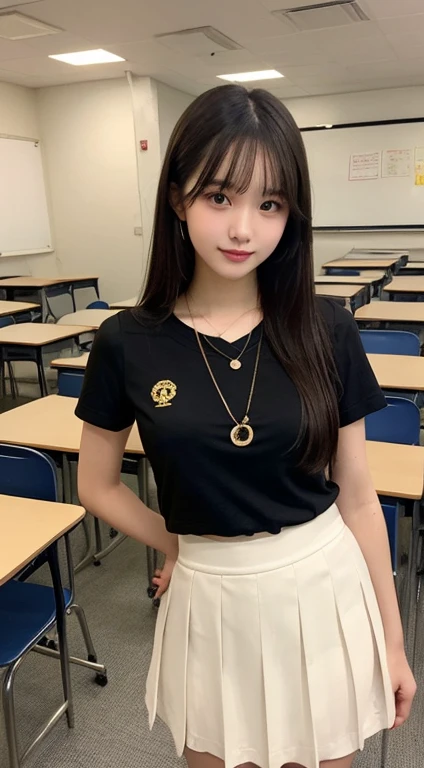 Beautiful girl with smooth skin, black hair, dark eyeshadow, gold pendant (beautiful bra, C shape), wearing a Thai student uniform, a white short-sleeved shirt, a black short skirt, a tight fit, standing and posing in a classroom. The background is a classroom, student desks and chairs. The most realistic picture.