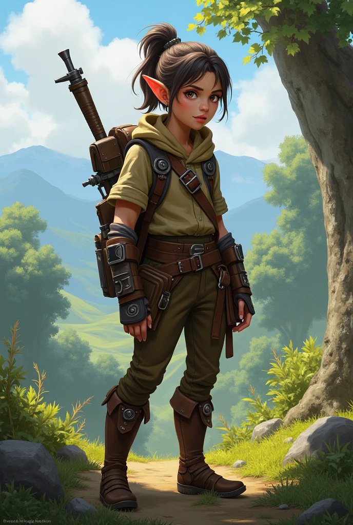 Realistic female halfling character with a snipe weapon on her back RPG 