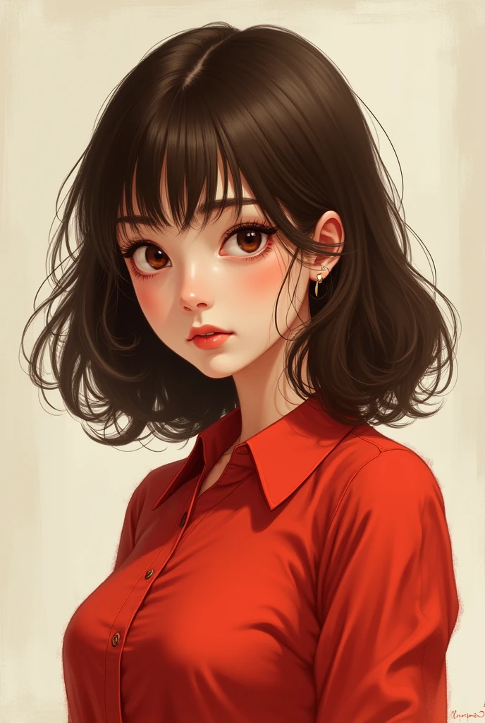 Girl with brown hair curtain bangs and red shirt