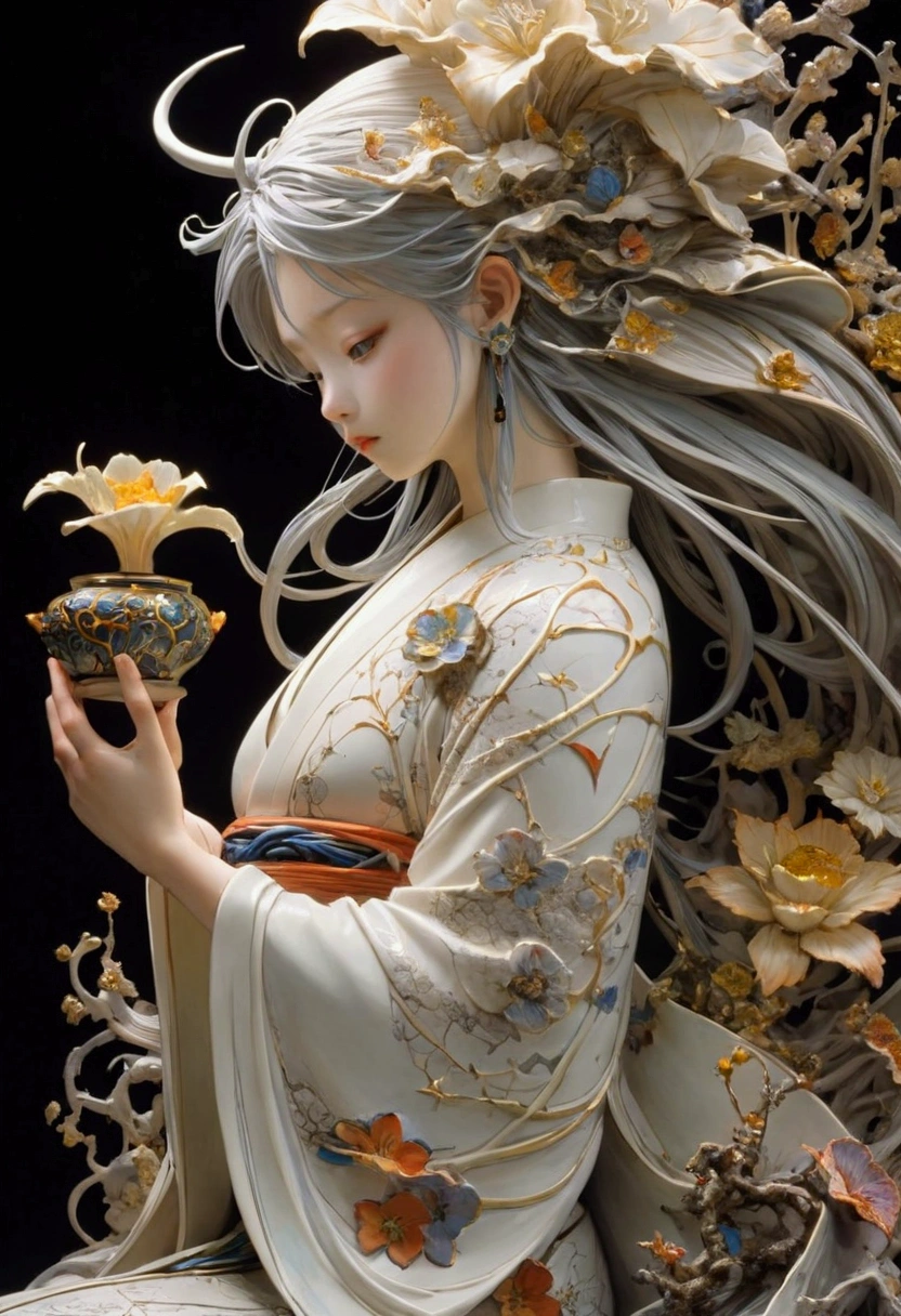 ceramics, Diffuse lighting, fantasy, complex, elegant, Very detailed, Artworks of Yoshitaka Amano