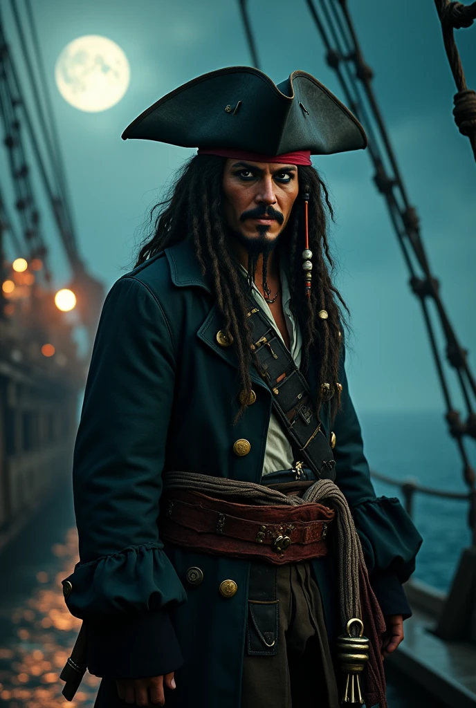 In a classic scene from a Caribbean pirate movie featuring one man, the camera slowly pans across the misty, moonlit deck of a weather-beaten pirate ship. Suddenly, a figure emerges from the shadows, swaggering with a devil-may-care attitude. It's Captain Jack Sparrow, with his iconic smudged eyeliner, tattered pirate garb, and a mischievous grin. He tips his weathered tricorn hat to the moon, raises a flask of rum, and delivers a witty, enigmatic line that encapsulates his roguish charm and unpredictable nature. The scene captures the essence of Captain Jack Sparrow's legendary charisma and sets the tone for the thrilling adventures that follow,.(best quality,4k,8k,highres,masterpiece:1.2),ultra-detailed, realistic, HDR, UHD, studio lighting,ultra-fine painting, sharp focus,physically-based rendering, extreme detail description, professional, vivid colors, bokeh, portraits, psychological,