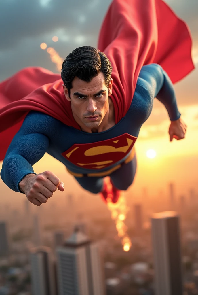 superman flying in the sky over the city of são paulo, ultra detaild, ultra realistic, flying very fast, traces of fire, close-up, front view, ((Is it possible to see the Corinthians Arena in Itaquera in the background?)), punch pose