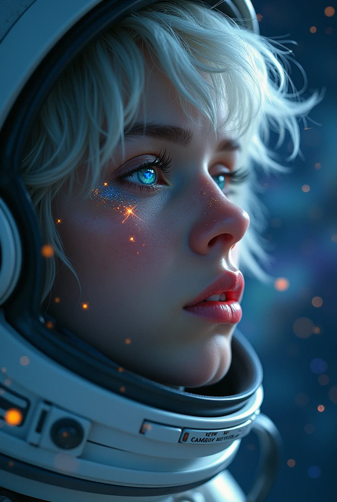 (Close-up of a better masterpiece:1.5)0.9], (Space and astronauts:1.2) (Messy silver hair:1.1) (Heterochromia xanthochromia and blue eyes:1.2) (Space Helmet:1.0) (Colored stars in the eyes:1.0) (A radiant glow:1.1) (thick lips:0.9)