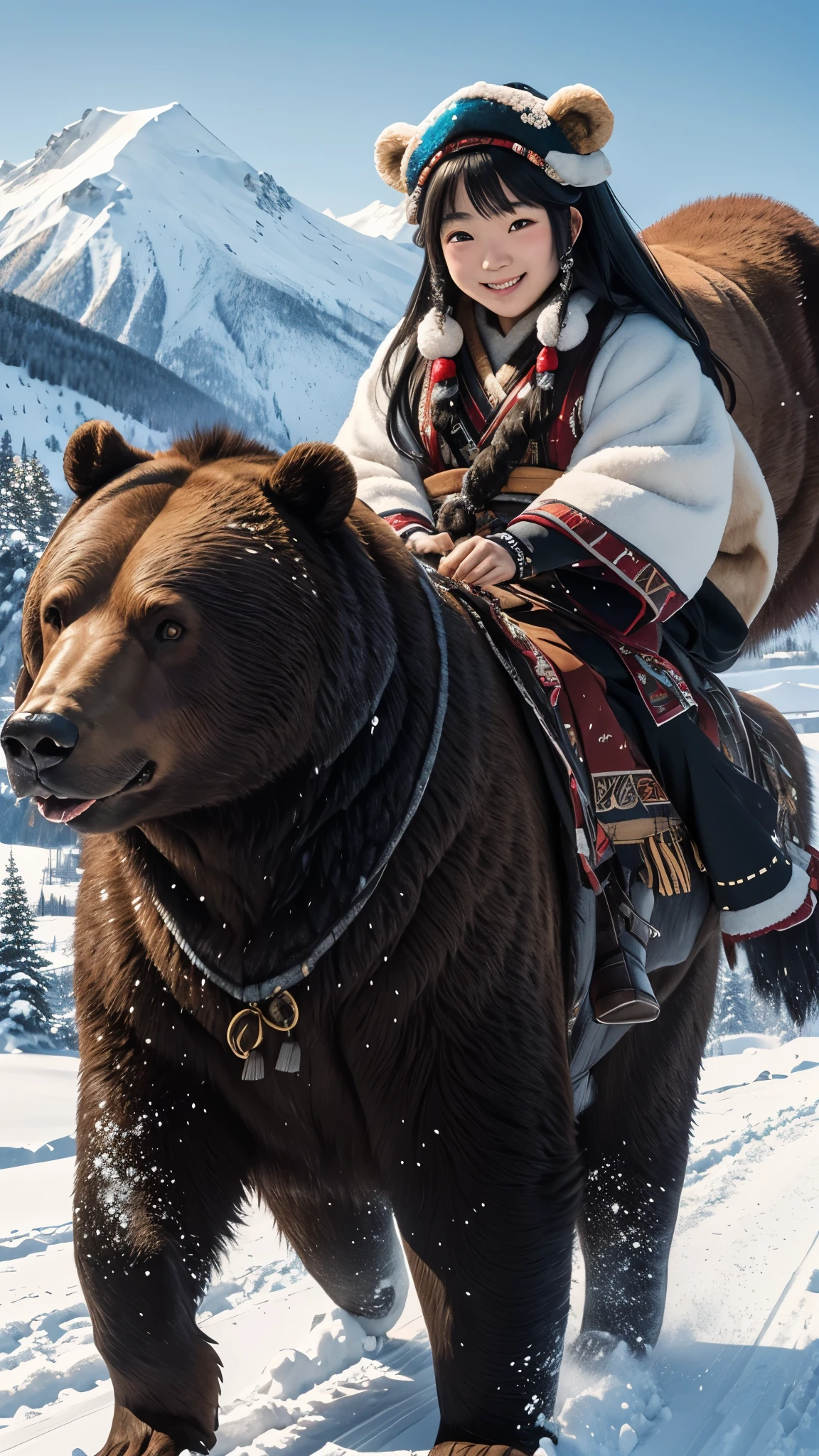girl\(long black hair, Ainu folk costume, smiling\) sitting on a big brown bear running at great speed through the wilderness\(snowy mountains\) of Hokkaido,dynamic camera angle, powerful composition, concentrated lines, scattered snow,great land scape