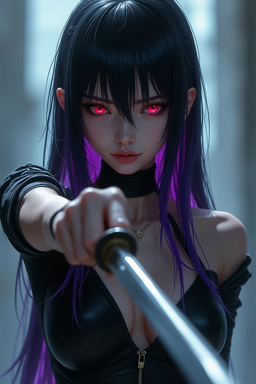 A girl with black to purple hair , with a body , and holding a dagger And a cold gaze