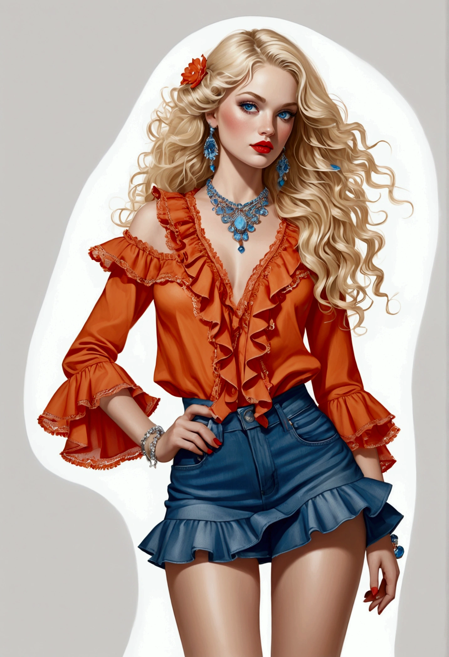 .Illustration of a woman adorning a orange blouse with ruffles and lace details, paired with a denim short skirt, full body view, blond long wavy hair cascading down her shoulders, piercing blue eyes accented by light makeup and striking red lipstick, embellished with intricate accessories, set against a stark white background, executed in the evocative and detailed art style of Jerry Pinkney, ultra-realistic.