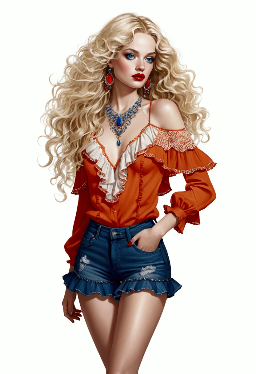 .Illustration of a woman adorning a orange blouse with ruffles and lace details, paired with a denim short skirt, full body view, blond long wavy hair cascading down her shoulders, piercing blue eyes accented by light makeup and striking red lipstick, embellished with intricate accessories, set against a stark white background, executed in the evocative and detailed art style of Jerry Pinkney, ultra-realistic.