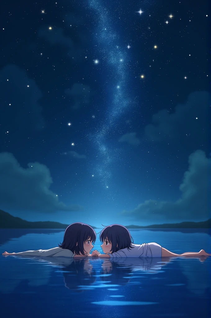 A boy and a girl are lying in the water and looking at the sky, the stars are reflected in the water, view from above, anime style.