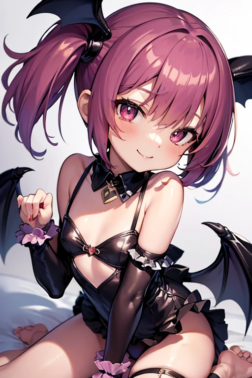 (masterpiece,best quality,ultra-detailed), an anime girl who is a playful and sweet succubus. She has candy pink m-shaped bangs short hair with twin ponytails, ruby round eyes, fruit bat ears and wings, wearing a gothic leotard with ruffle skirt succubus costume, ankle straps on her barefoot, bending over to the right playfully, butt focus, hands in a playful pose, face in a playful expression, smirk playfully, looking at viewer