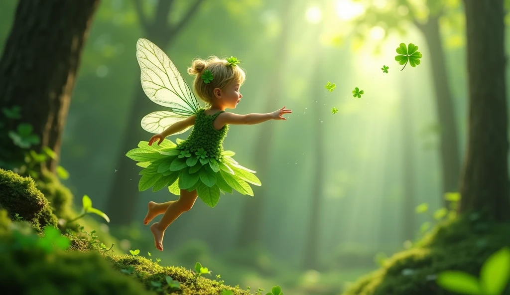 Fairy dressed in clover leaves  Flying 