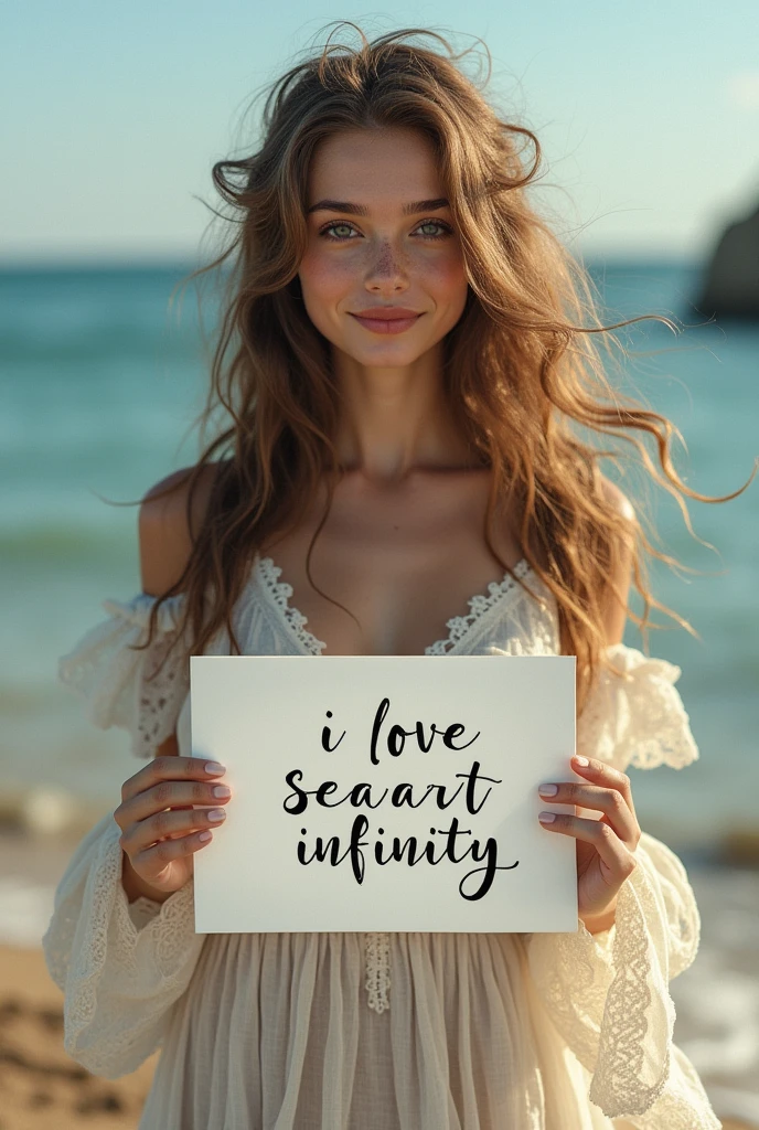 Beautiful girl with wavy long hair, bohemian dress, holding a white board with text "I Love Seaart Infinity" and showing it to the viewer