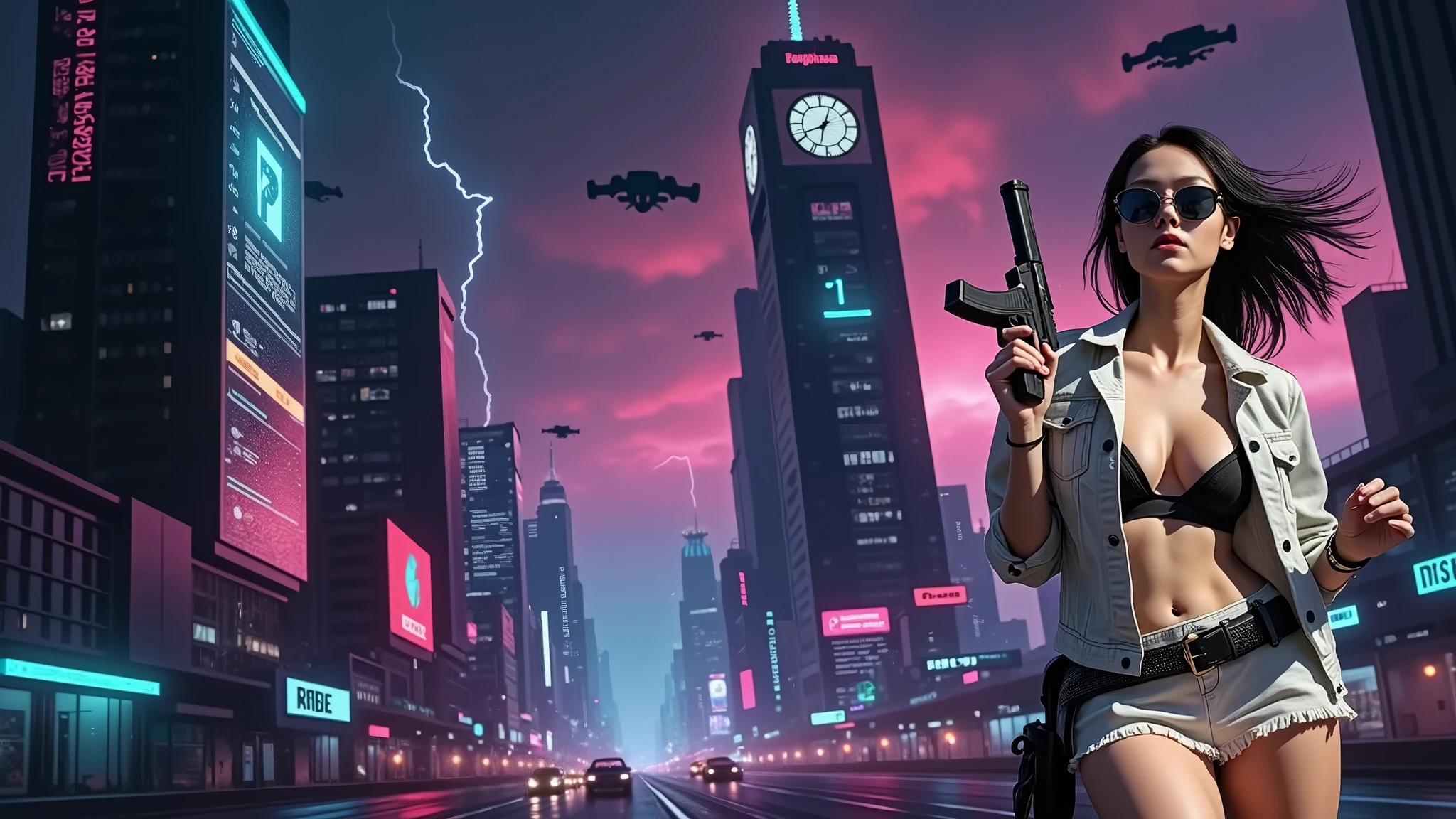 (Wide angle aerial view). At night, simple outlined cyberpunk city, flying cars, all-glass buildings, glowing giant clock tower, lightning, line art background. High-resolution OLED GUI interfaces in the building, The windows are filled with transparent data visualization infographics that show it all, very close-up green glowing cascading code. Colors are saturated and vibrant. At night, (1girl, solo, alone), photorealistic, large-breast slim:0.6 body, oval:0.5 face, black mini bra, cleavage:1.1, deep-v, very low angle view of black pleated miniskirt, white panty, (upskirt), glove, (Matrix style black micro sunglasses), (aiming viewer with a short gun), dynamic running pose, (half-body thigh level close-up shot), cinematic lighting, ray tracing, motion blur background.