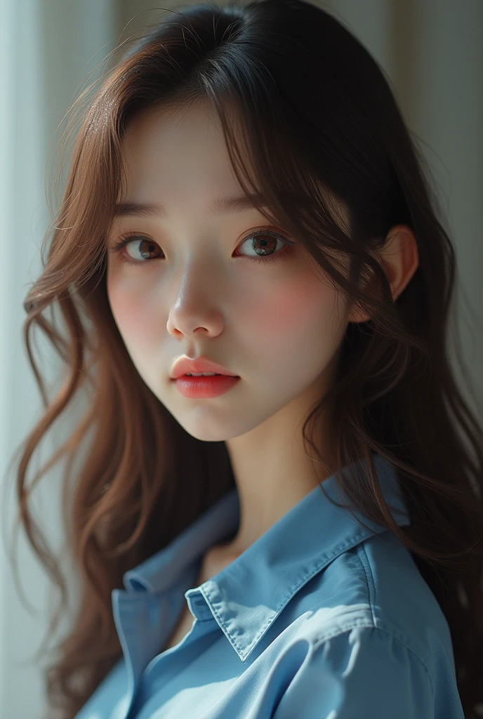Girl with brown hair curtain bangs and blue shirt