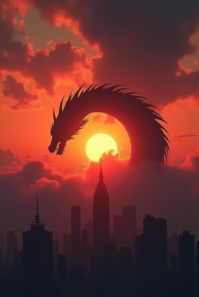 thestunning dark silhouette of a city against the light with a fiery sunset like fire from which emerges the dark silhouette with black and gray tones and enormous of a dragon facing the viewer and extremely long is rolled several times in the sky, among the clouds, an excellent handling of the depth field an exquisite powerful composition, Broadly aesthetic, vivid red, orange and yellow tones like fire and pure blacks combined with grays, giving it a tinge of mystery with a visually striking and innovative design using shades of grays to handle layers and depths in extraordinary ways. It is an iconic image, beautiful and full of strength and symbolism that radiates peace and tranquility with a haunting touch. unbeatable striking creatively masterpiece, in the best quality, excessively real textures, amazing color degrees, vivid black tones and incredible depth field, 12k resolution