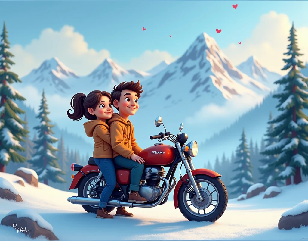 a loving couple standing beside a motorcycle, looking at a snowy mountain landscape, cartoon style, beautiful detailed eyes, beautiful detailed lips, extremely detailed eyes and face, long eyelashes, vibrant colors, soft lighting, fantasy, whimsical, highly detailed, 8k, photorealistic, studio lighting, masterpiece