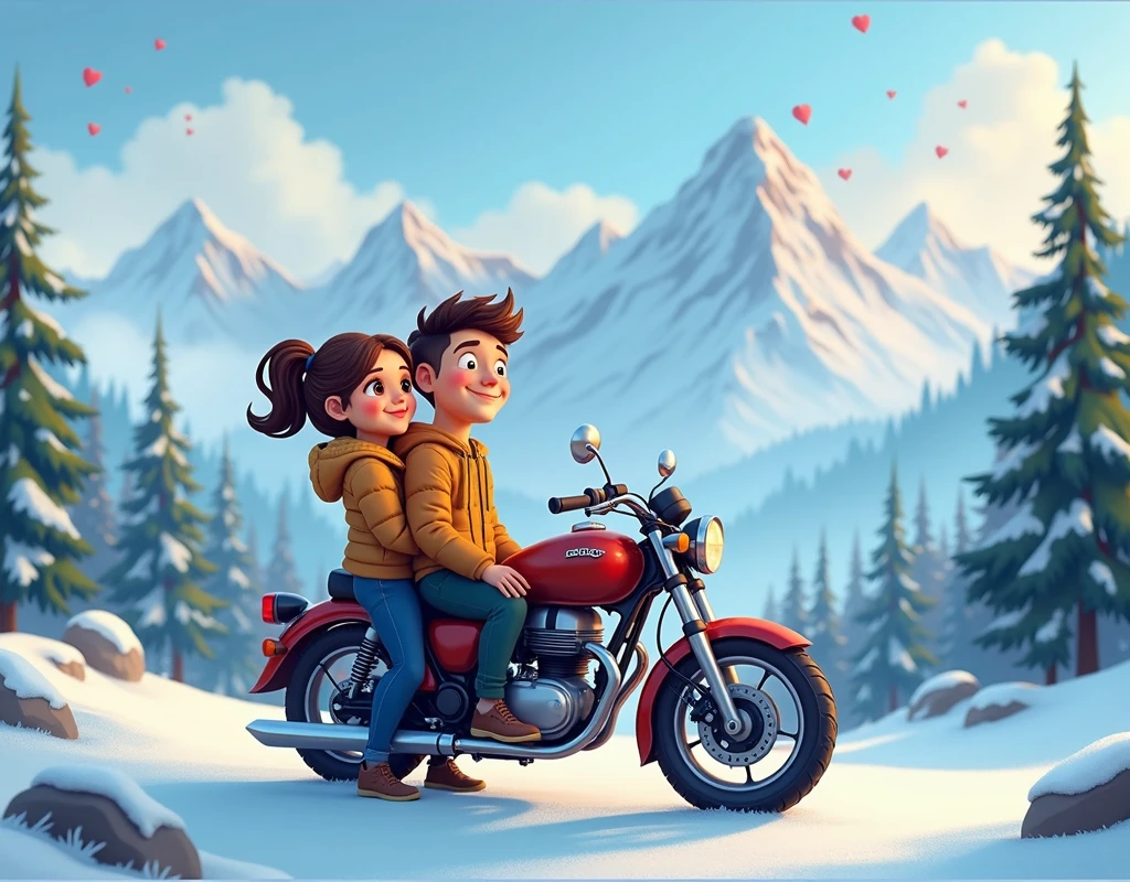 a loving couple standing beside a motorcycle, looking at a snowy mountain landscape, cartoon style, beautiful detailed eyes, beautiful detailed lips, extremely detailed eyes and face, long eyelashes, vibrant colors, soft lighting, fantasy, whimsical, highly detailed, 8k, photorealistic, studio lighting, masterpiece
